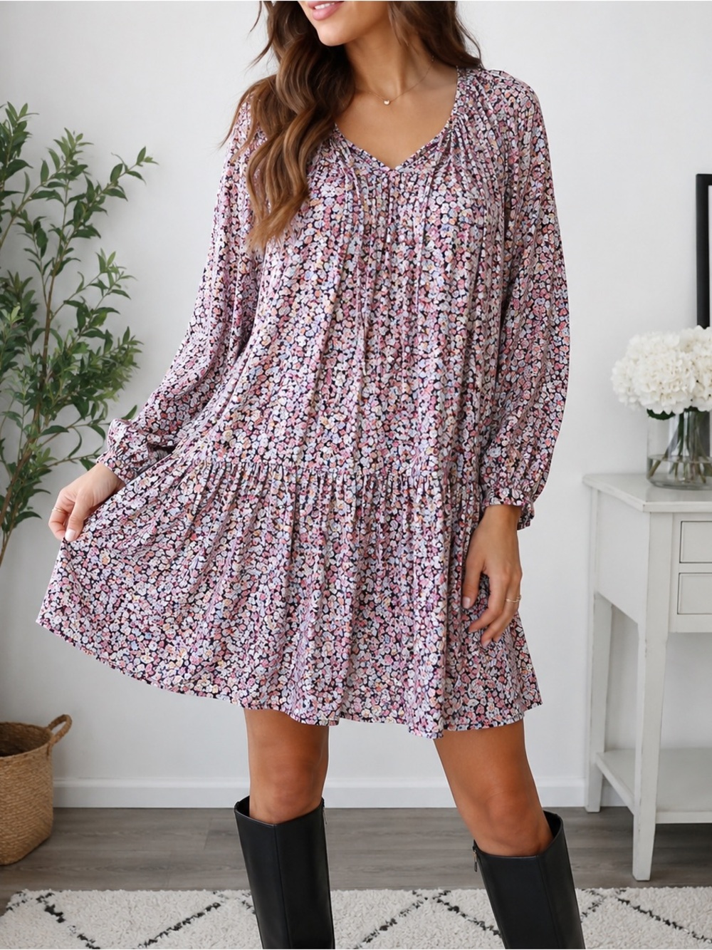 H&M Airy Oversized Floral Dress S Pink Blue Viscose Boho Mini